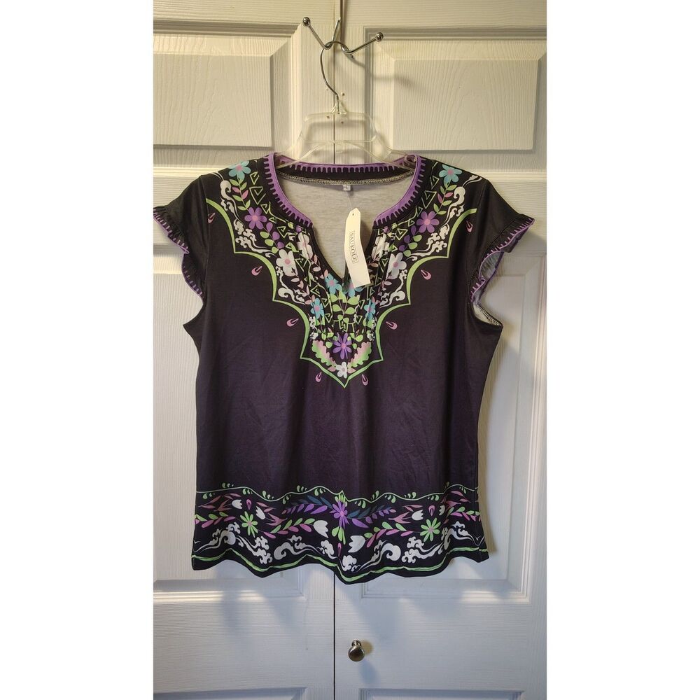 NWT Saukole Black Floral Geometric V-Neck Top Flutter Sleeve Large